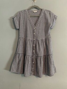 Madewell Black & White Gingham Button Down Ruffle Tiered Cap Sleeve Dress Sz XS